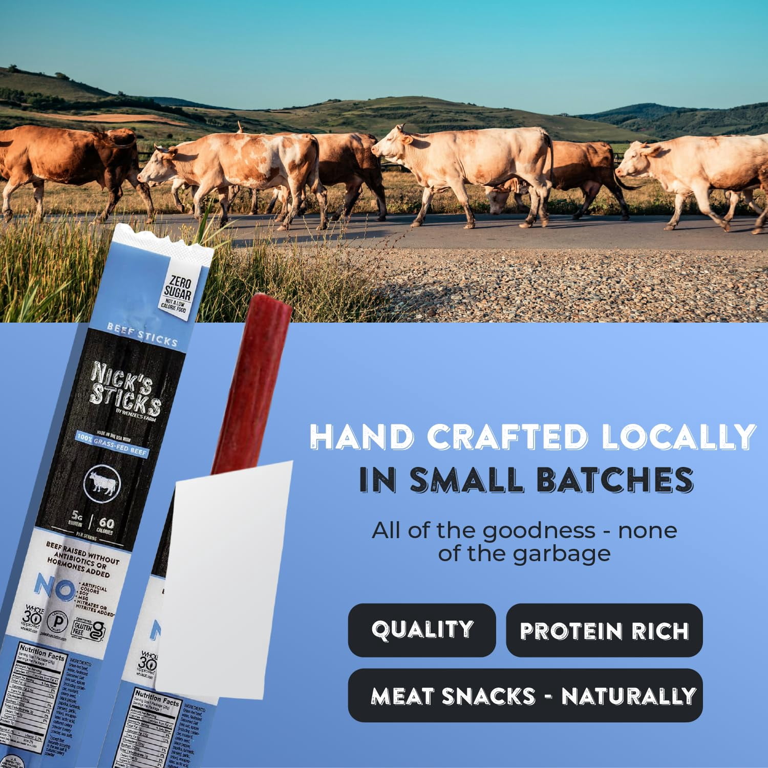 Nick’s Sticks Grass-Fed Beef Snack Sticks, Gluten Free, Keto Certified, Paleo and Whole30 Approved, No MSG, High Protein Low Carb, 12 Pack (0.9 oz Each)