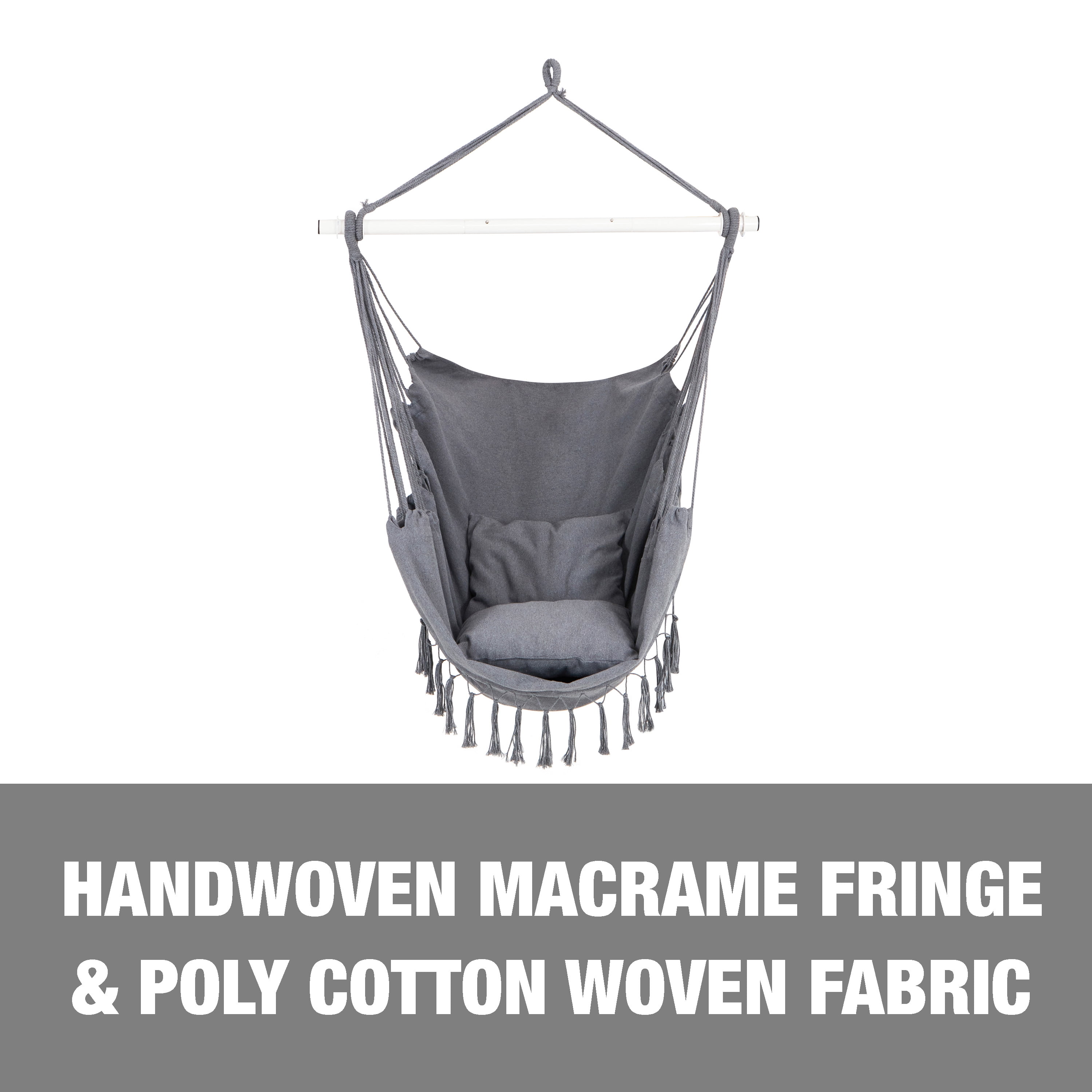 Bliss Hammocks Fringed Hammock Chair w/ 2 Matching Square Pillows & Built-In Side Pocket -Gray