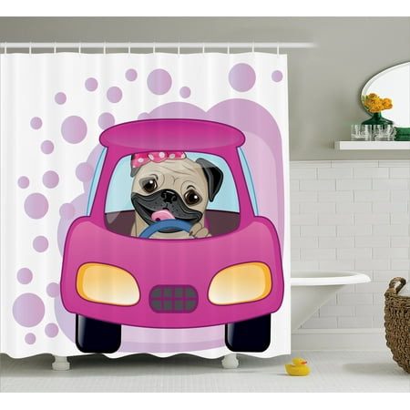 Pug Shower Curtain Dog Driving On The Cute Pink Car Girly Design