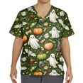 thumbnail image 4 of Inglocry Men's Halloween Scrub Tops Plus Size V-Neck Short Sleeve Halloween Pumpkin Ghost Print Funny Medical Workwear with 3 Pocket Green M, 4 of 4