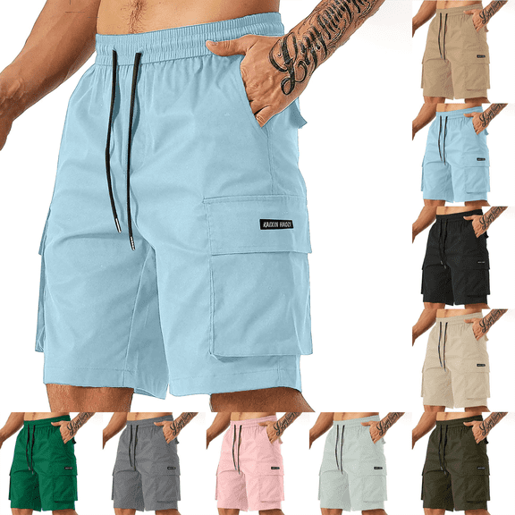 Mens Cargo Shorts Solid Color Straight Buttons Multi Pockets Elastic Waist Casual Outdoor Beach Gym Workout Shorts Size M-3XL