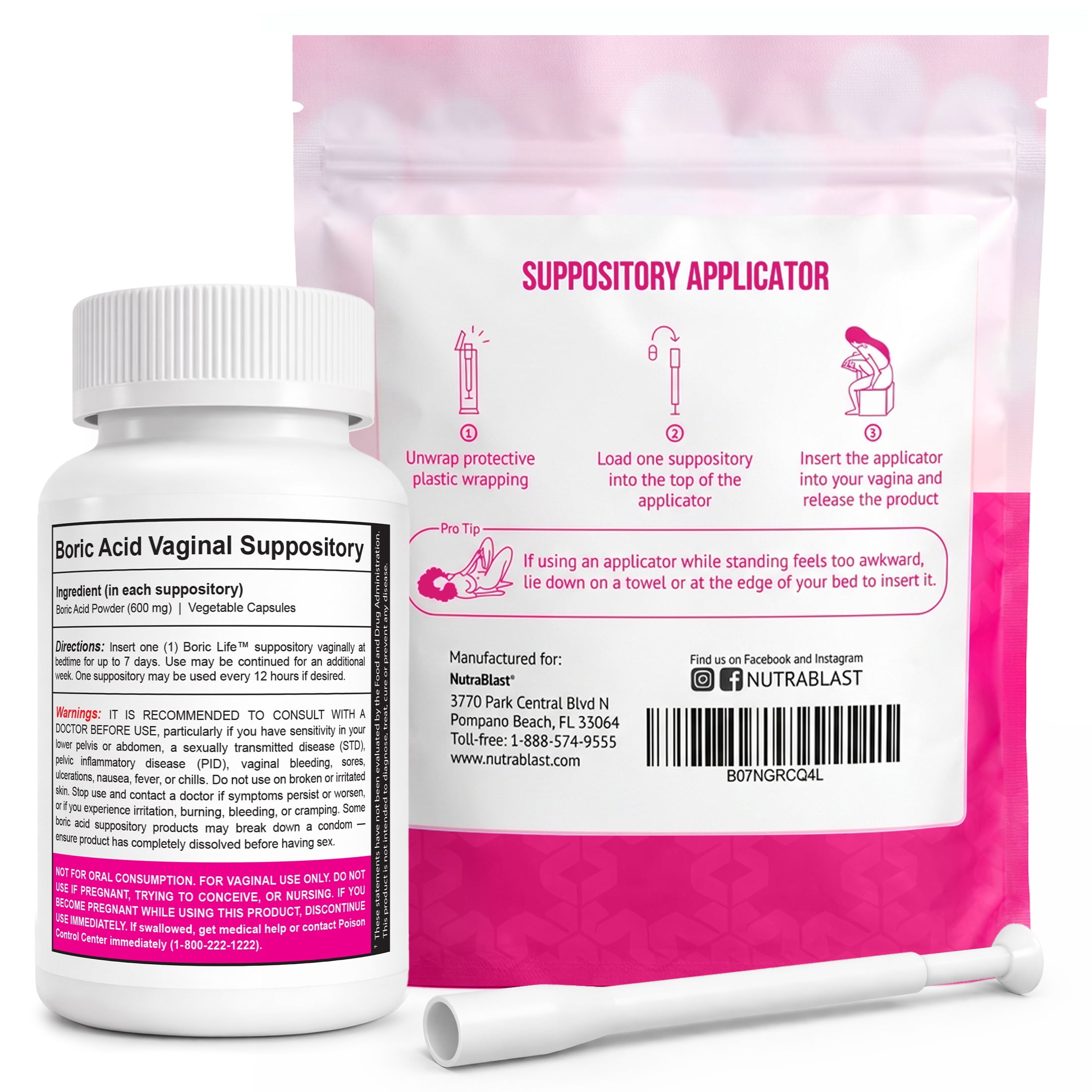 NutraBlast Boric Life Boric Acid Vaginal Suppositories, 600 mg, 30 Count with 15 Applicators