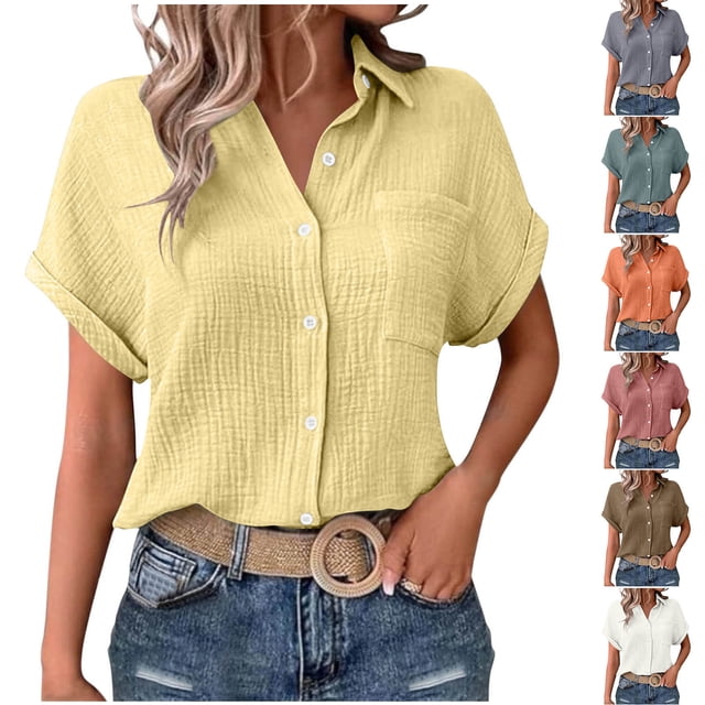 Auralook Women Solid Blouses Short Sleeve Button Down Shirts Turndown Collar Business Casual Dressy Work Tops Summer Spring Clothes