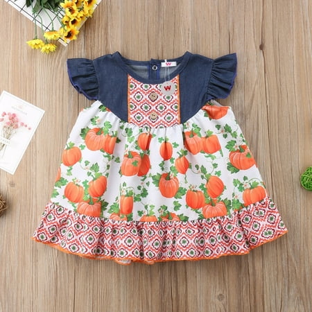 Thanksgiving Toddler Kids Girl Floral Printed Casual Dresses One-Piece