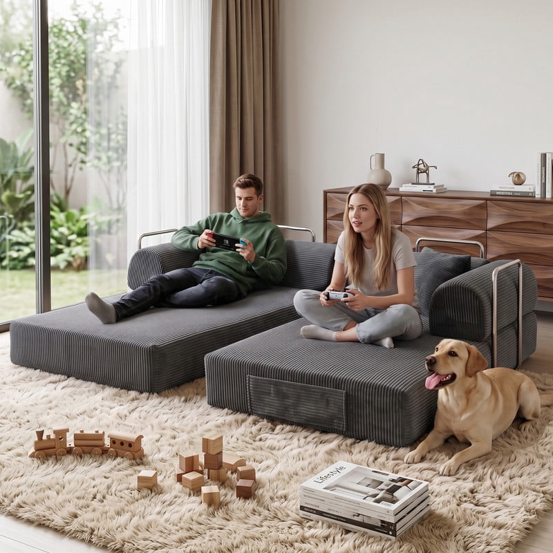 Anpport 78.8" Compression Boneless Sectional Sofa, Convertible Floor Sleeper Bed with Pillow Back Armrest, Corduroy Fabric, Grey, for Living Room Bedroom