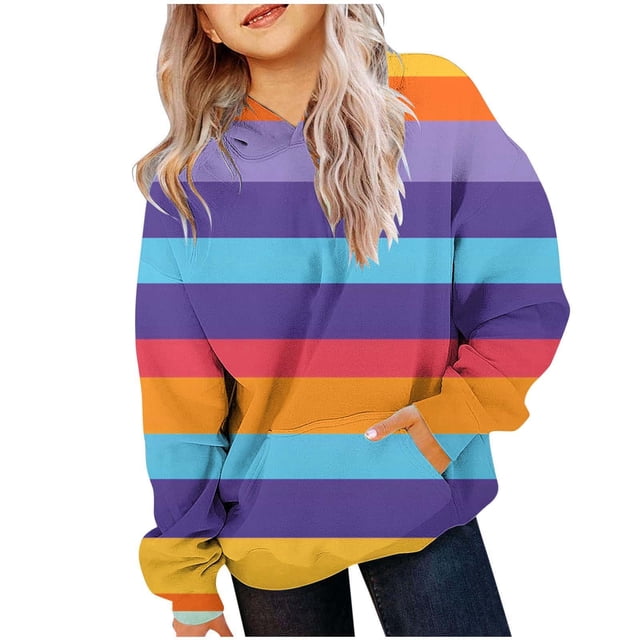 JAKANYQ Sweat à Capuche Décontracté pour Filles Tout-Petits Imprimé Color Block Col Rond Manches Longues avec Poche Violet 6-7 Ans