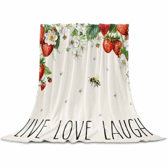 Strawberry Flannel Blanket for Bed, Summer Fruits Bee Floral Botanical Soft Cozy Warm Couch Throw Blanket, Lightweight Fluffy Plush Bedding Blankets for Sofa Decor All Season 60"x80"