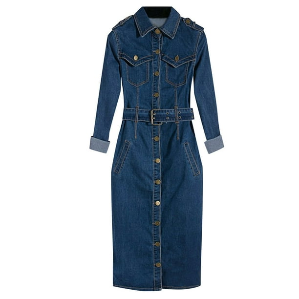 RXIRUCGD Casual Dresses for Women Women Winter Office Slim Jeans Mid Cuff Dress With Belt for Women Jeans Dress Jean Dresses for Women Denim Blue