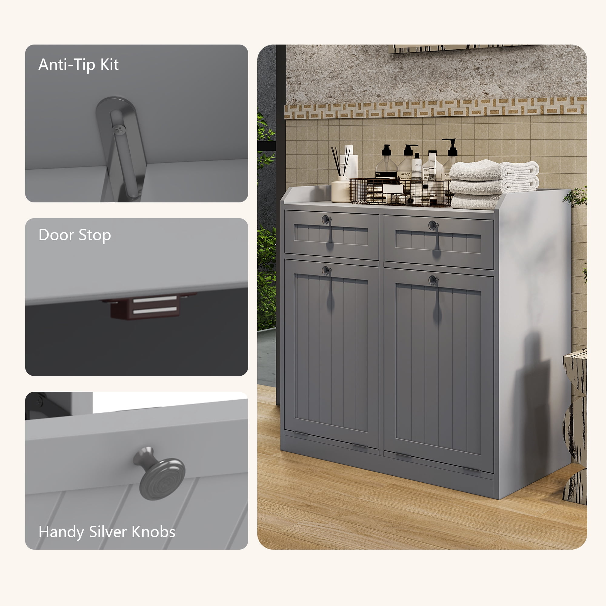Tilt Out Laundry Cabinet Bathroom Laundry Cabinet Bathroom Storage Cabinet with 2 Hampers Baskets and Drawers,Gray