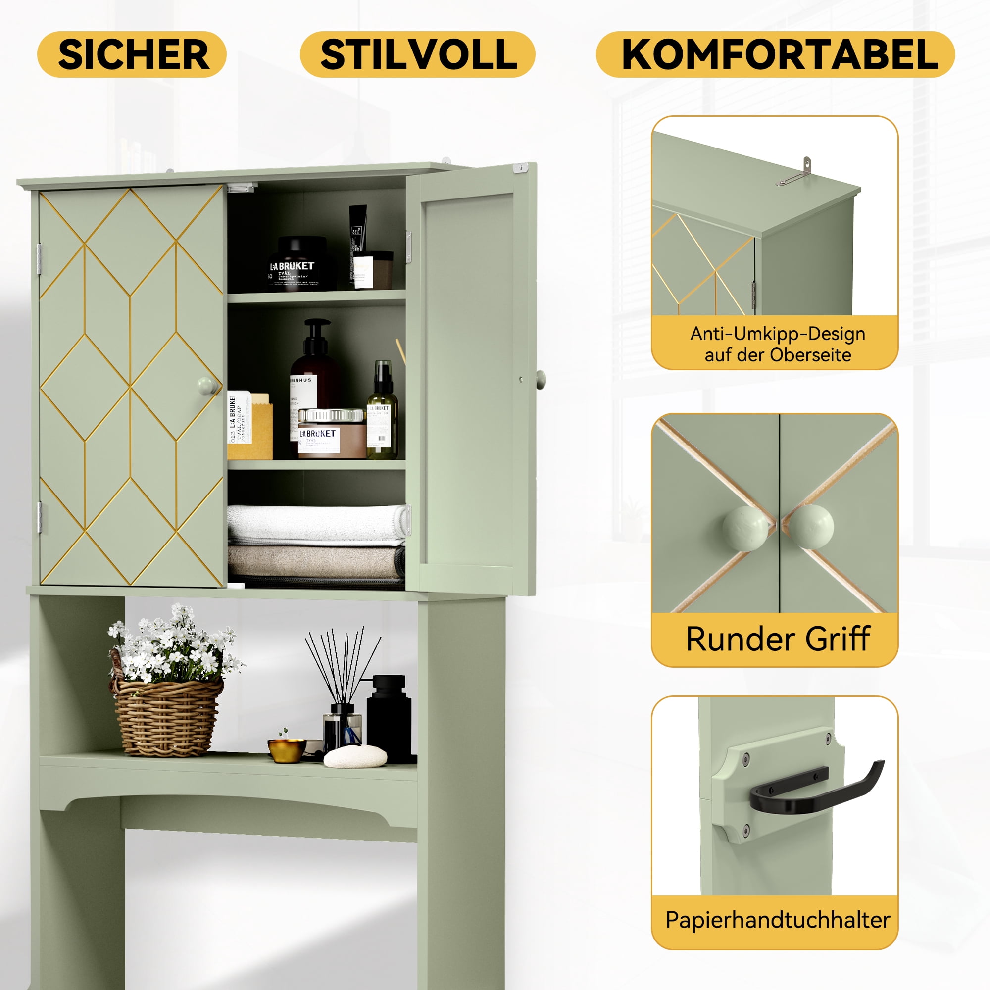 Over the Toilet Storage with Geometric Design, Bathroom Organizer with Toilet Paper Holder, Green