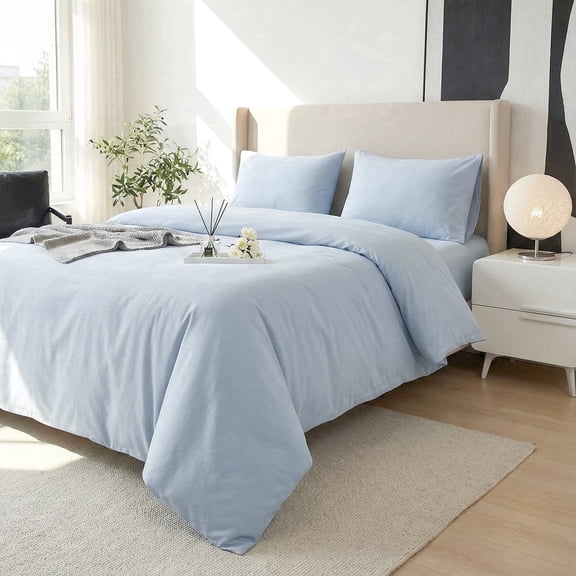 Premium 100% Cotton Duvet Cover Set, Soft Breathable Bedding with Zipper Closure (3 Pieces), Pale Blue, Full