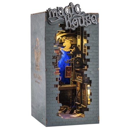 Robotime DIY Book Nook Kit Decorative Booknook Bookshelf Insert Bookcase Book Stand 3D Wooden Puzzle DIY Miniature House Kit with LED Light Model Kit for Adults Magic House