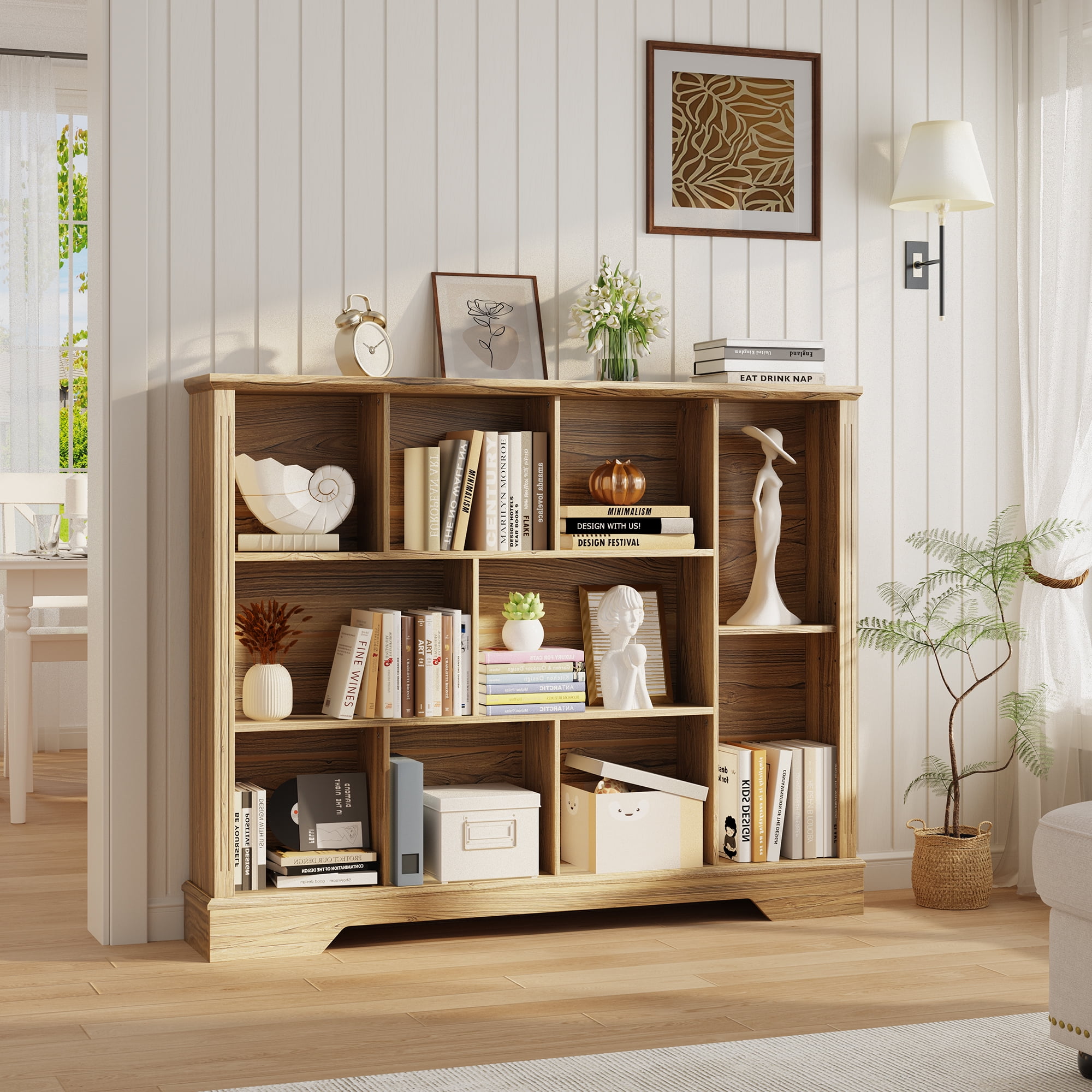 VIVIDWOOD Farmhouse 10-Cube Storage Organizer with Adjustable Shelf – Rustic Brown