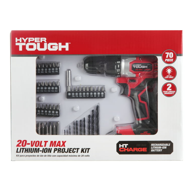 Hyper Tough 20V Max Lithium-Ion 3/8 inch Cordless Drill, 70-Piece Home Tool  Set, 1.5Ah Lithium-Ion Battery & Charger, Bit Holder, & Storage Bag 