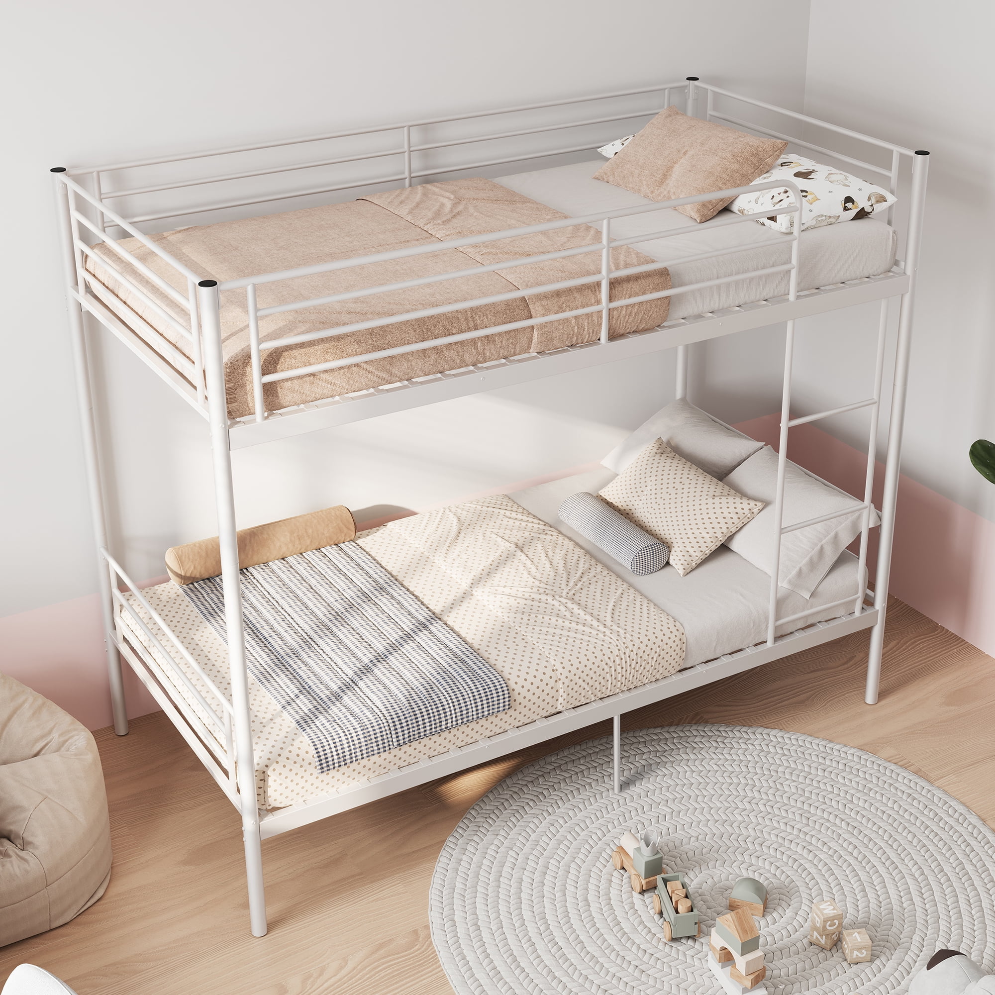 Mintazer Twin Over Twin Detachable Metal Bunk Bed with Ladder & Guardrail for Teen Adult Bedroom Dormitory, White