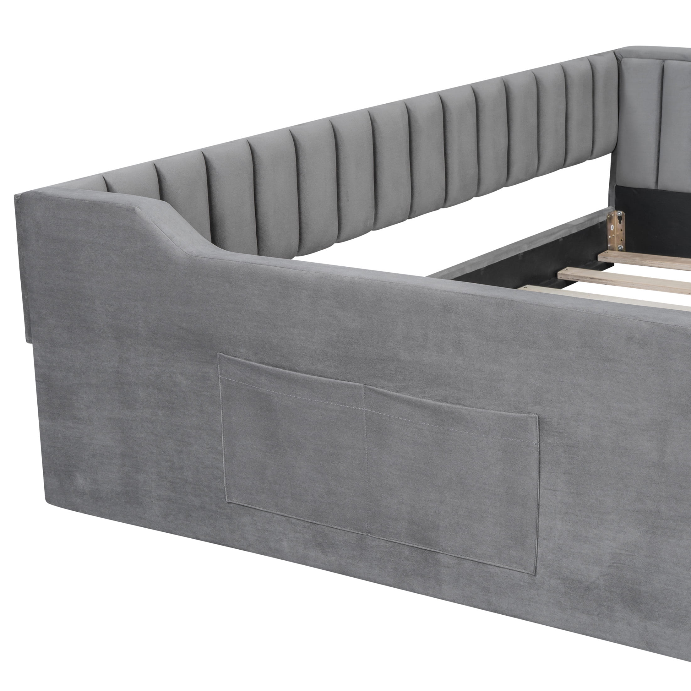 Noble House Full XL Upholstered Daybed, Velvet Vertical Channel Tufting with Side Storage Pocket, Space Saving, Gray