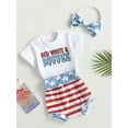 thumbnail image 3 of Bagilaanoe 3-18M Baby Girl 4th of July Outfits Infant Independence Day Short Sleeve Letter Print Tee Tops Stars Shorts Headband Summer Clothes Set, 3 of 9