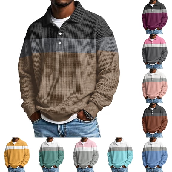 DIOAZUD Waffle T Shirts Men Long Sleeve Knit Henley Neck Pullover Tops Color Block Button Up Shirt Big and Tall Casual Sweatshirt XXXL