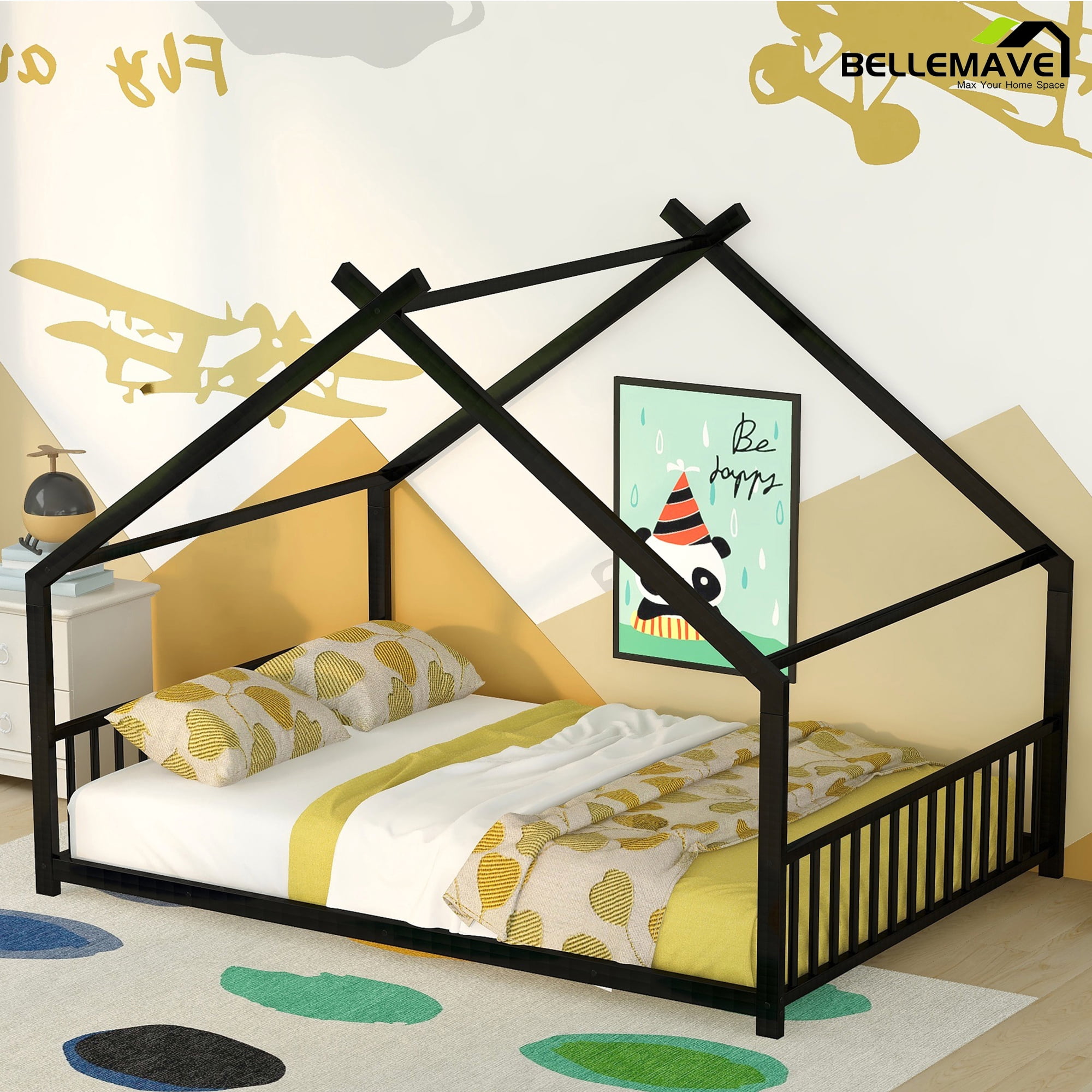 Bellemave Full Size Metal House Bed with Headboard and Footboard Montessori House Bed, Metal Floor Bed with Roof, No Box Spring Needed, Black