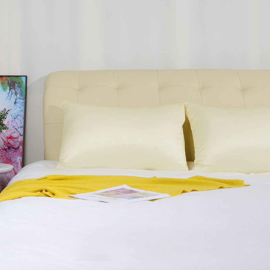Unique Bargains Silky Satin Pillow Cases Covers Set of 2 Cream Travel