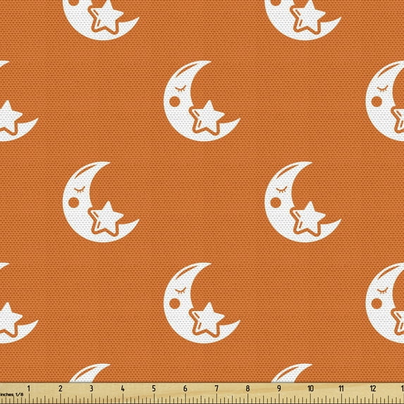 Cartoon Fabric by the Yard, Pattern of Sleeping Moons Carrying Stars in Cartoon Drawing Astronomic Symbol, Decorative Upholstery Fabric for Sofas and Home Accents, White Vermilion by Ambesonne