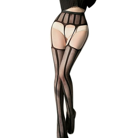 

YEUHTLL Women Sexy Open Crotch Suspender Pantyhose Rippe Hole Fishnet Garter Belt Tights