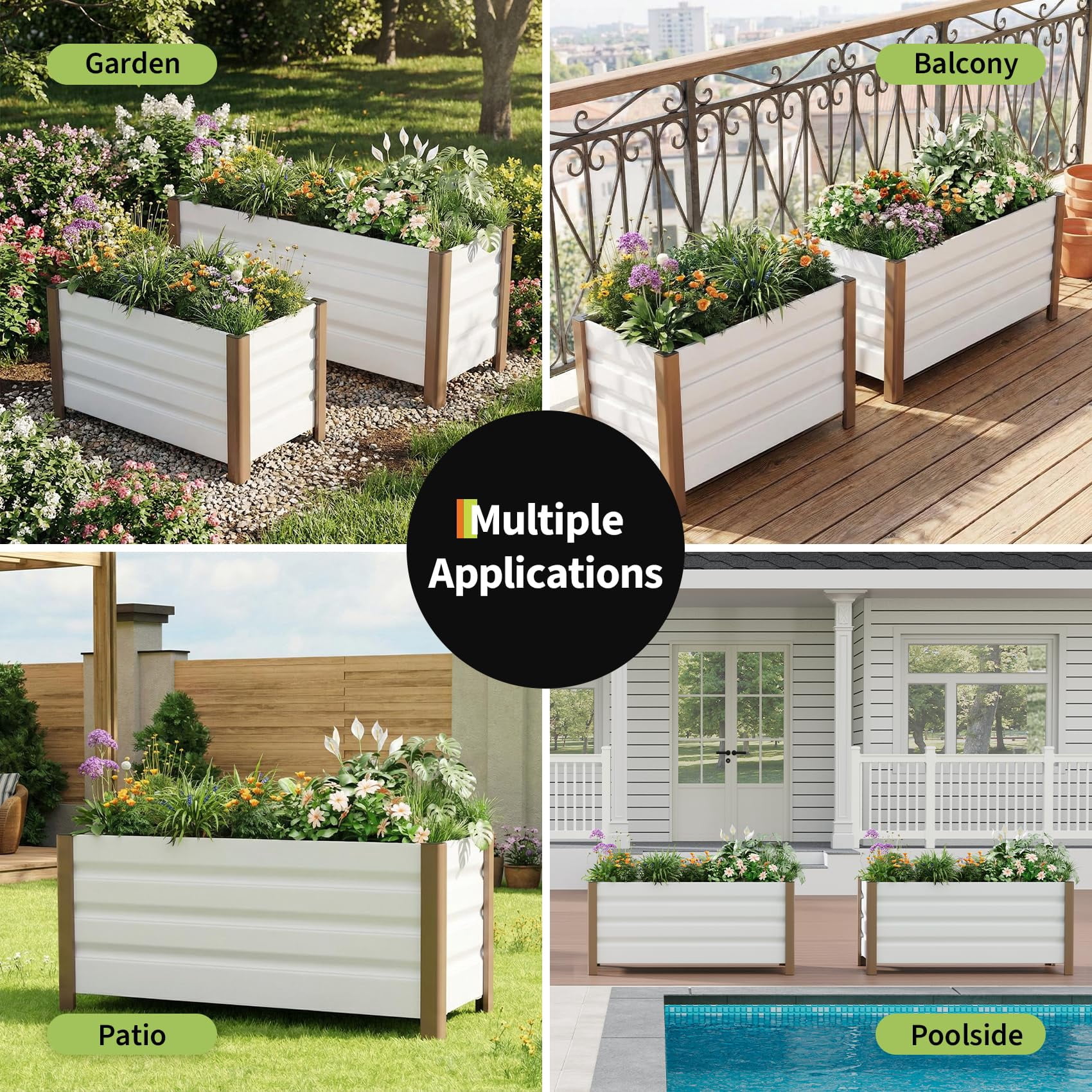 Garvee Aluminum Planter Box, Raised Garden Bed with Drainage Holes, 39.3" x 15.7" x 17.7", White