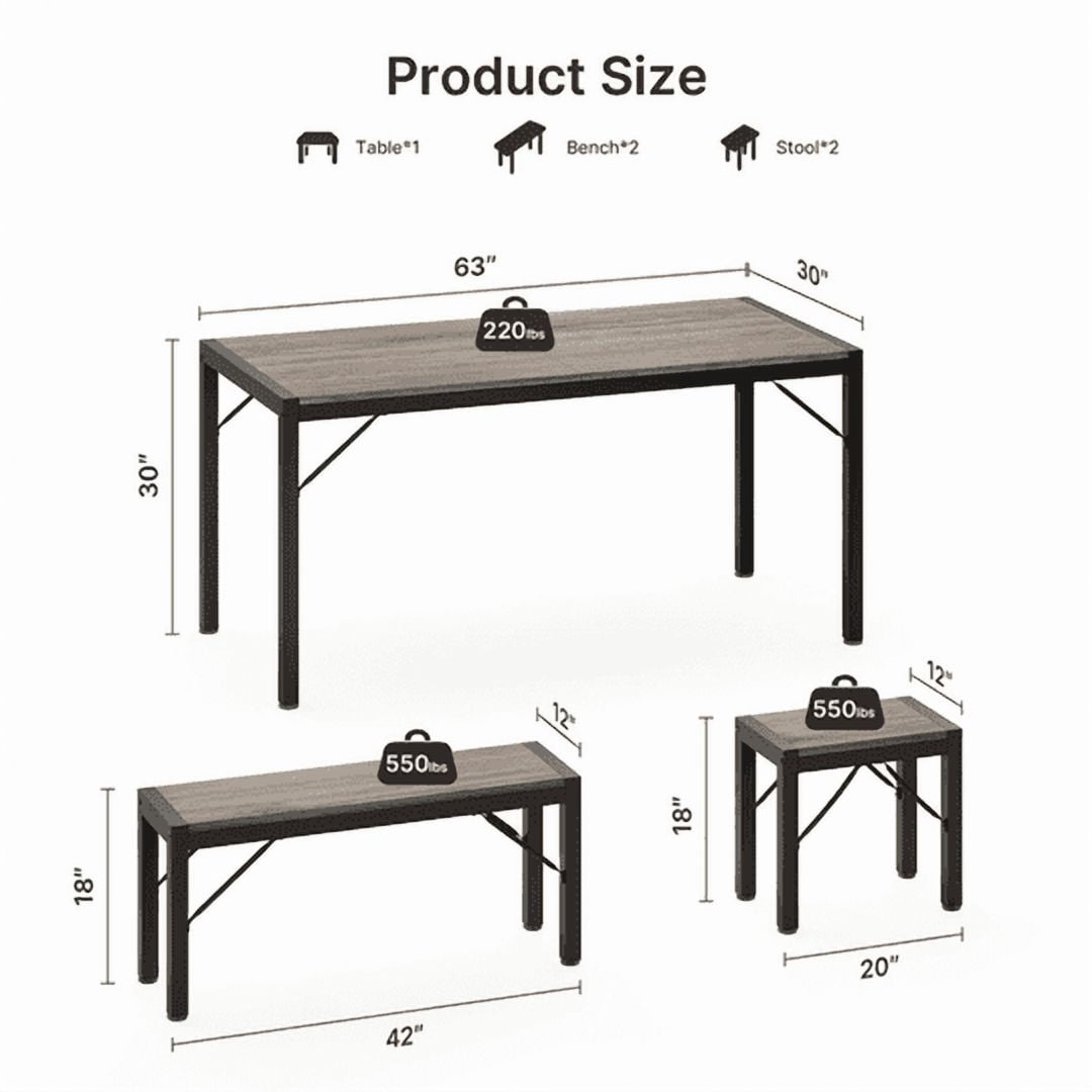 Aiho 63" Dining Table Set for 6, Kitchen Table with 2 Stools & 2 Benches, Wood Dining Room Dinette Sets with Metal Frame for Breakfast Nook and Small Space - Gray