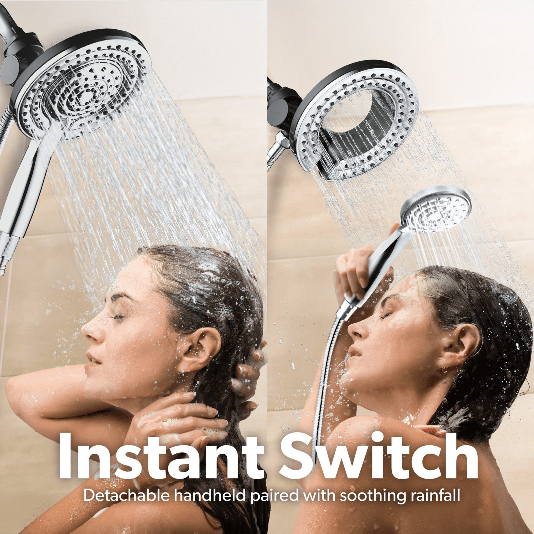 BLACK+DECKER Dual Shower Head with 5 Spray Settings and Detachable Wand and Stainless Steel Hose, Chrome