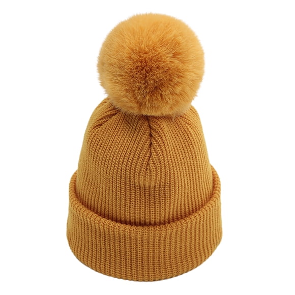 Opolski 2-14 Years Kids Hat Solid Color Stretchy Autumn Winter Pompom Warm Beanie Cap for Daily Wear