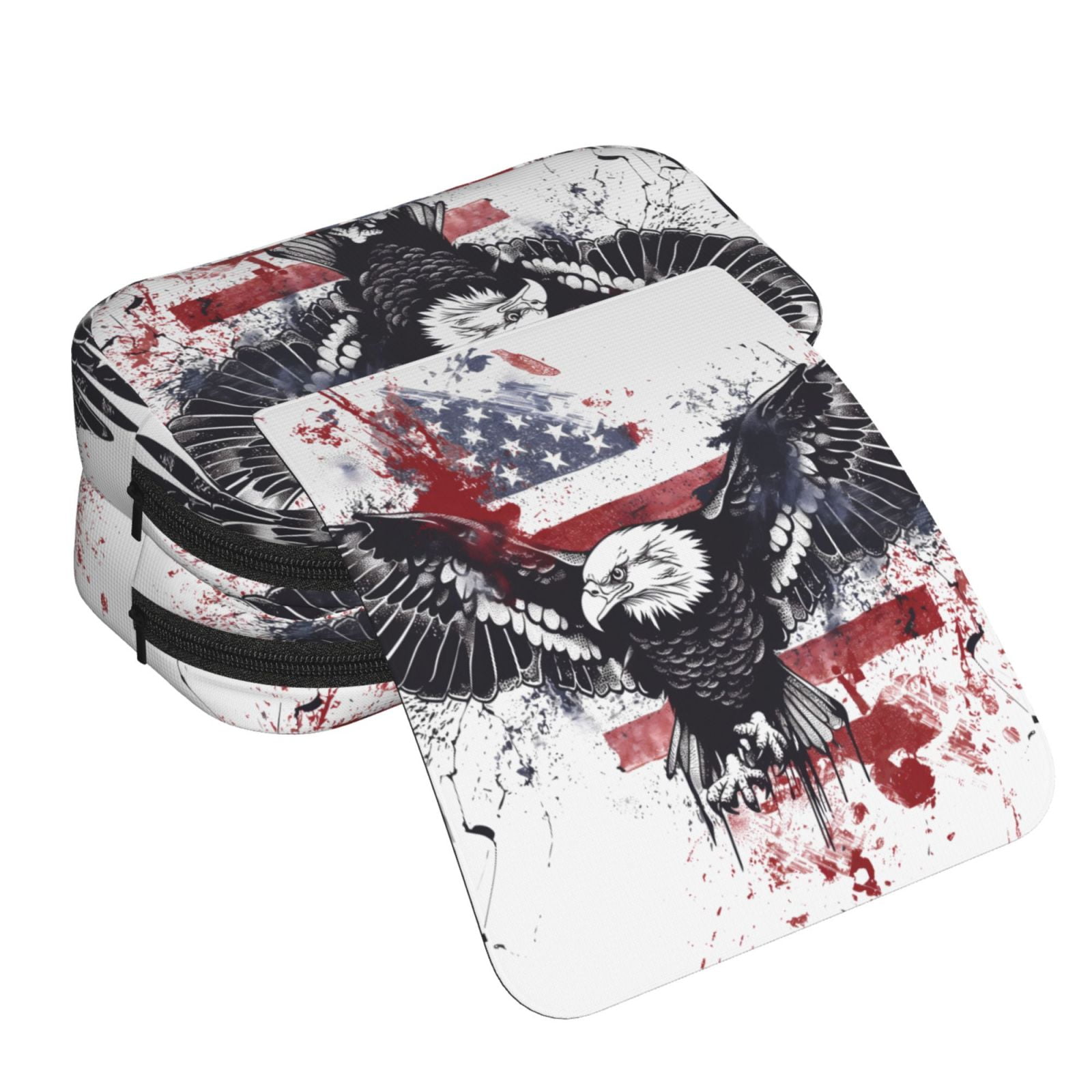 Rateoe American Flag Eagle Art Pattern Double Clamshell Pen Case, Storage Organizer with Two Zipper Compartments– Holds Up to 50 Pencils & Pens