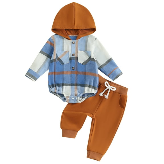 Elippeo 2-Piece Baby Boys Plaid Set Chest Pocket Button Long Sleeve Hooded Romper Long Trousers Outfits 6 12 18 24 Months
