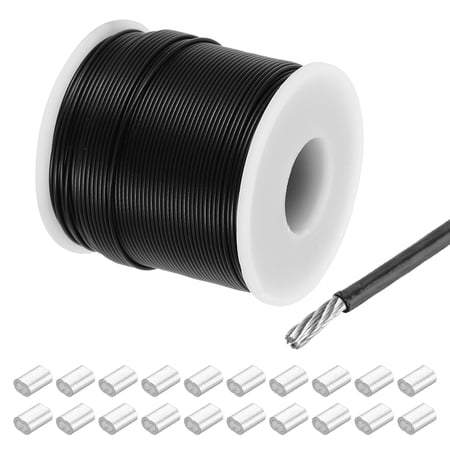 262Ft Wire Rope 304 Stainless Steel Cable 1/24 Vinyl Coated with 20pcs Aluminum Sleeves Black