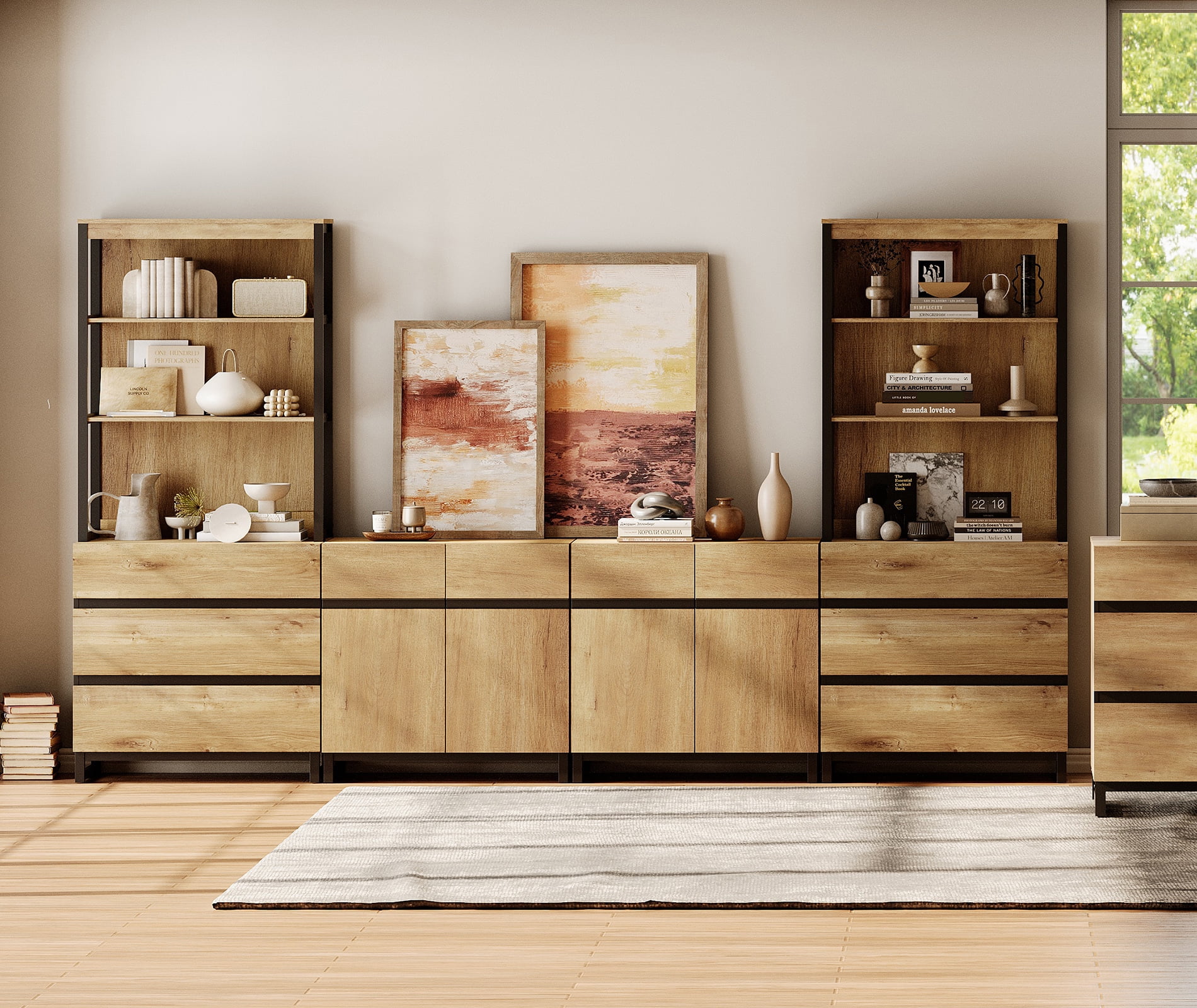 WAMPAT 4-Piece Modern 72" Tall Bookcase with 6 Drawers and Adjustable Shelves, Wood Freestanding Library Bookshelf with Storage Cabinet and Open Shelving for Home Office, Living Room, Oak