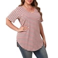 thumbnail image 4 of Gocolloa Womens Casual Scoop Collar Plus Size T Shirts Short Sleeve Loose Summer Tops Tee Wine Beige Stripe 1X, 4 of 5