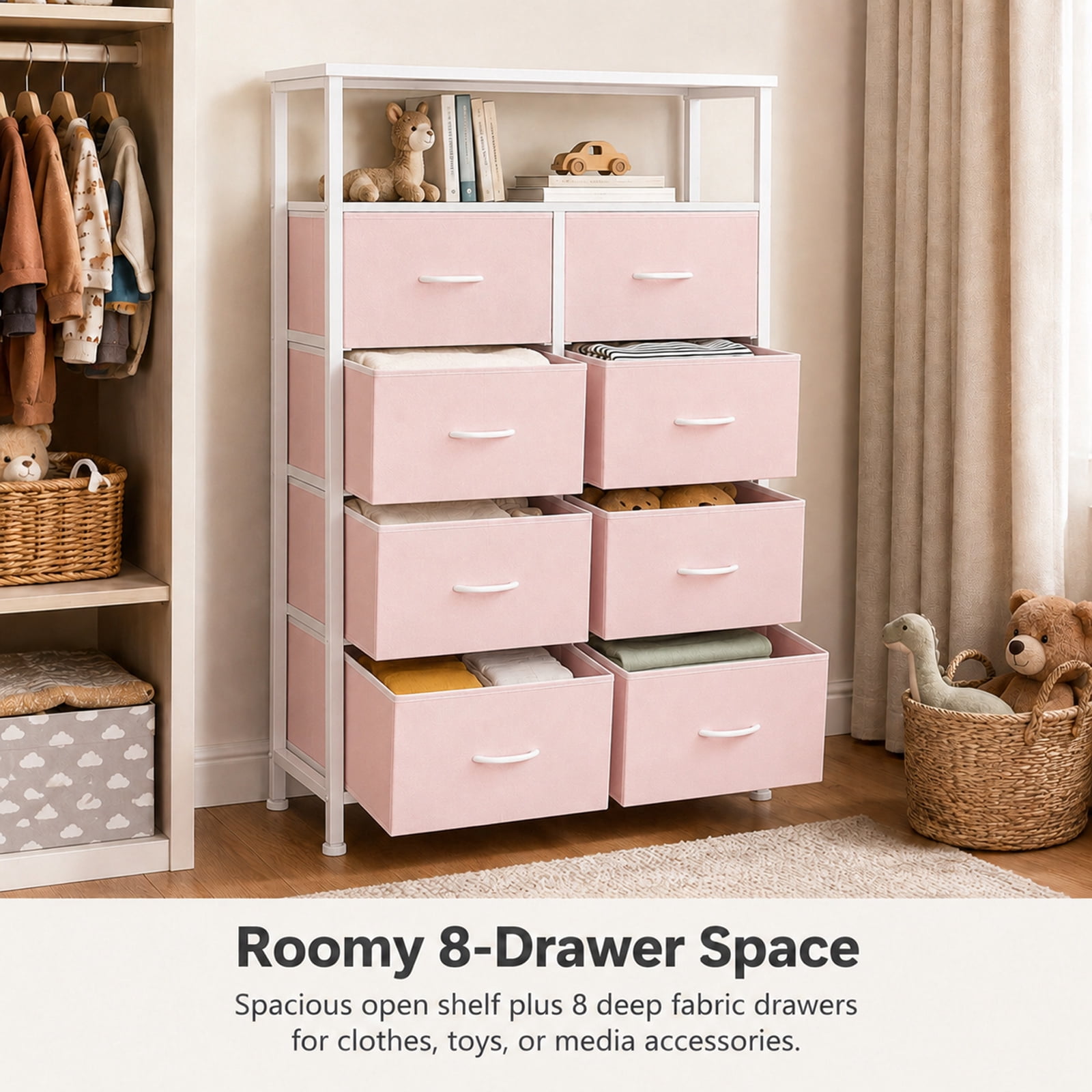Alvantor 8-Drawer Fabric Dresser with Open Shelf, Chest of Drawers, Steel, MDF, Storage Organizer Unit, Closet, Entryway