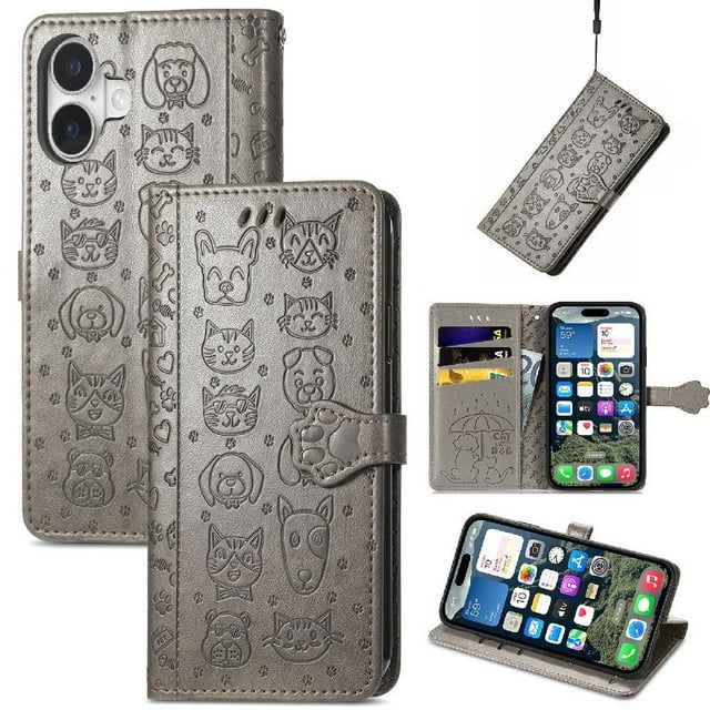 Funda Cartera FOXDOCK para iPhone 16 , Flip PU con Relieve de Gatos y Perros, Tarjetero y Soporte