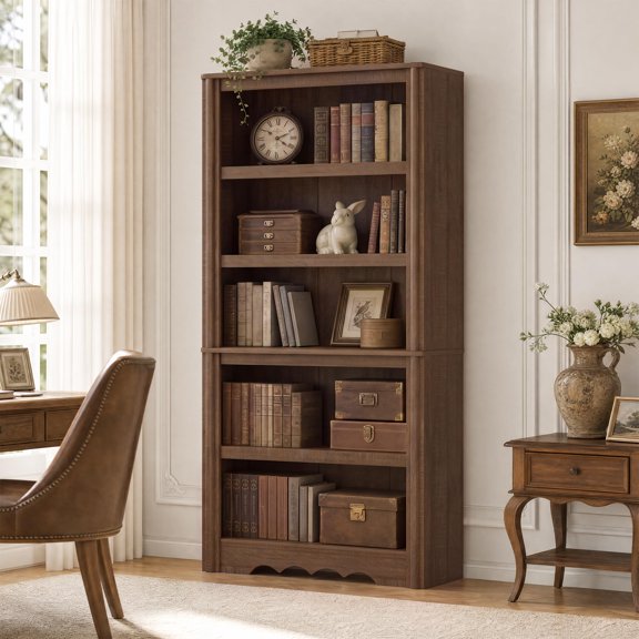 HELLONE 5-Tier Bookshelves, Floor Standing Bookcase for Home Office, Bedroom, Brown