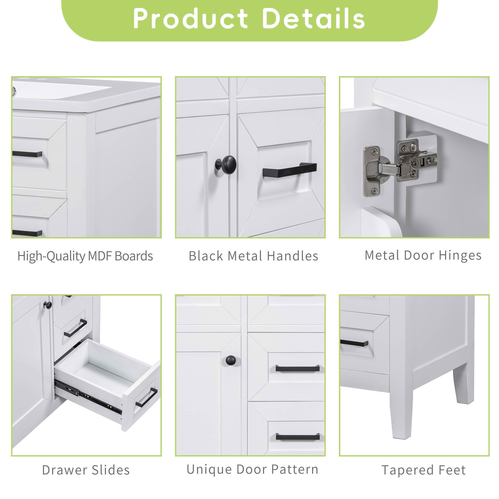 MAYEERTY 30" Bathroom Vanity without Sink Cabinet Base Solid Frame MDF Drawers White