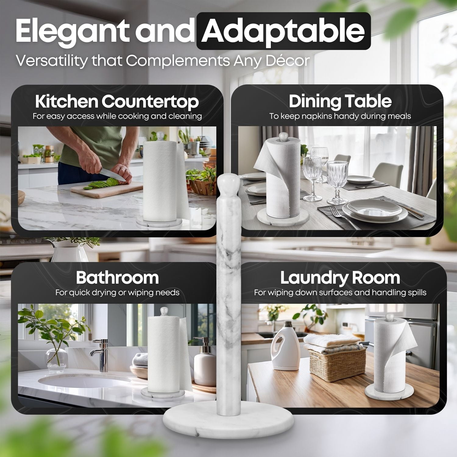 Marble Paper Towel Holder 12 inch (White Marble) Kitchen Paper Towels Roll Dispenser Stand Rack with Marble Pole and Weight Base for Countertop Tables Home Dining Bathroom Storage