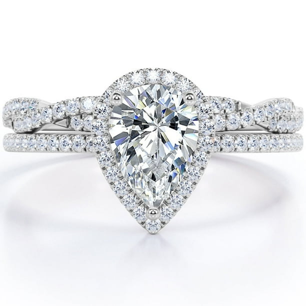 JeenMata Anillo de Bodas con Diseño de Halo Pavé Moissanita en Forma de Lágrima de 1,25 Quilates, Cuerpo Retorcido Infinito, Baño de Oro Blanco de 18 K sobre Plata