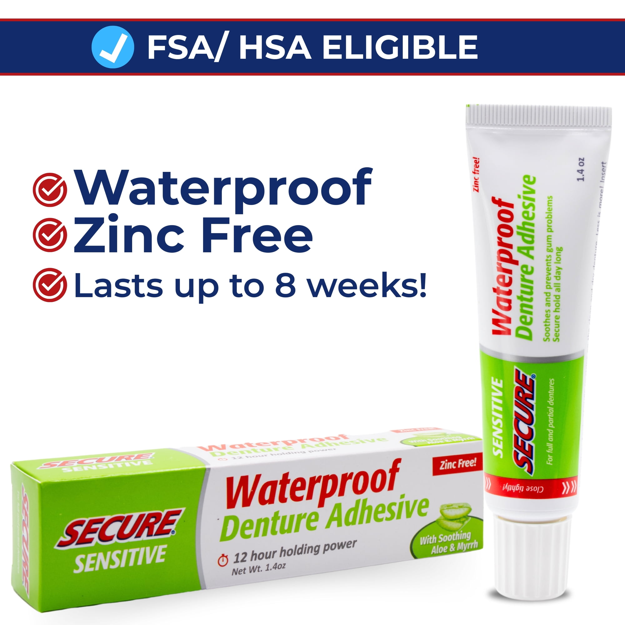 Secure Sensitive Denture Adhesive Cream with Aloe Vera & Myrrh, 12H Max Hold, Waterproof Seal - Zinc Free - For Uppers, Lowers & Partials - FSA HSA Approved - Food Grade Ingredients - 1.4 oz (1 Pack)