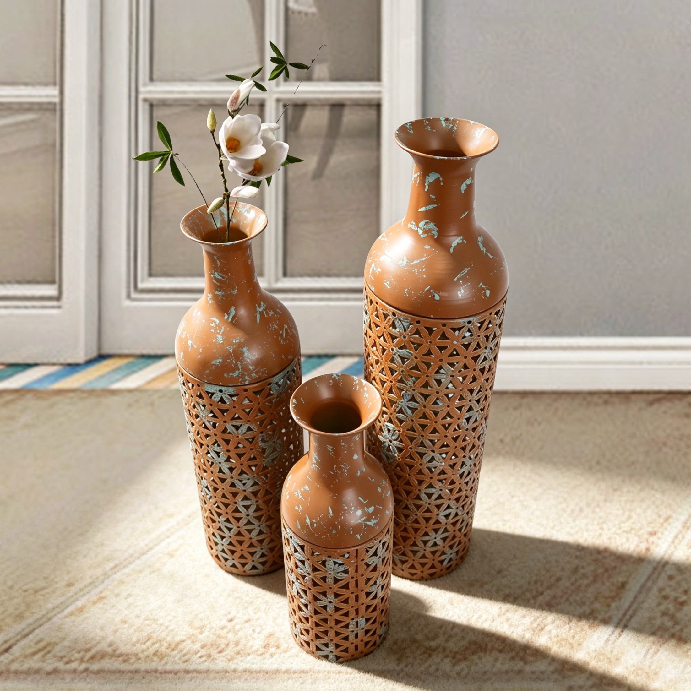 Noble House Set of 3 Decorative Metal Floor Vases, Floral Cutout Pattern Tall Vases, Rustic Brown