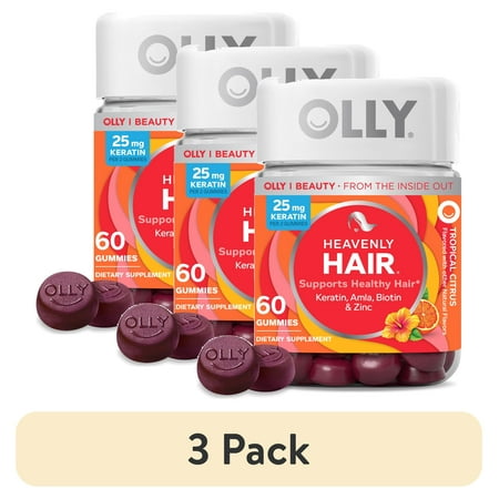 (3 pack) OLLY Heavenly Hair Gummy Supplement, Keratin, Biotin, Amla & Zinc, Tropical Citrus Flavored, 60 Ct