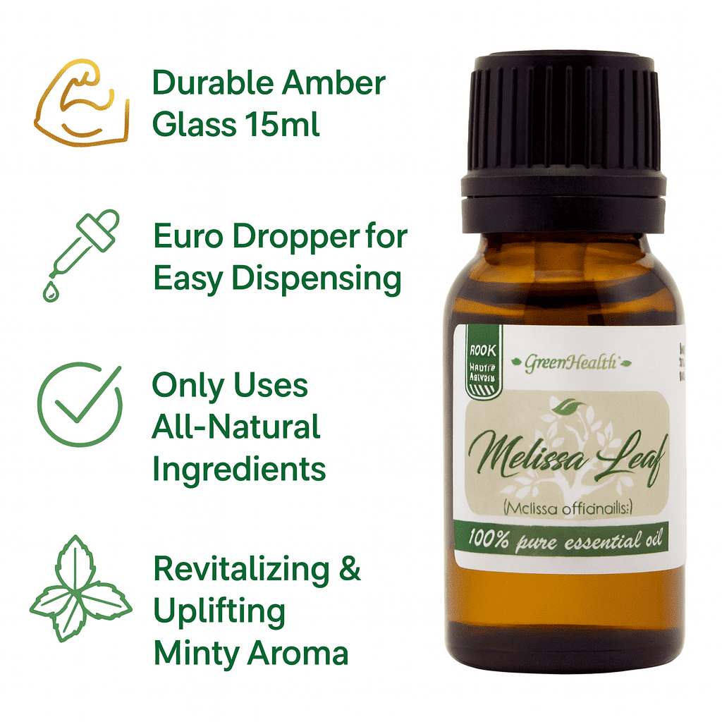 Melissa Leaf Essential Oil – 15 ml | Pure & Natural | Amber Glass Bottle w/ Euro Dropper | for Balms, Salves, Diffusing & Botanical DIY
