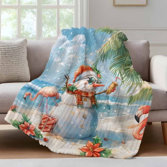 Blue Coastal Christmas Fleece Throw Blanket for Couch, Xmas Snowman Flamingo Microfiber Flannel Blanket for All Season, Lightweight Fuzzy Plush Throw Blankets for Gifts, Office, 40"x50"