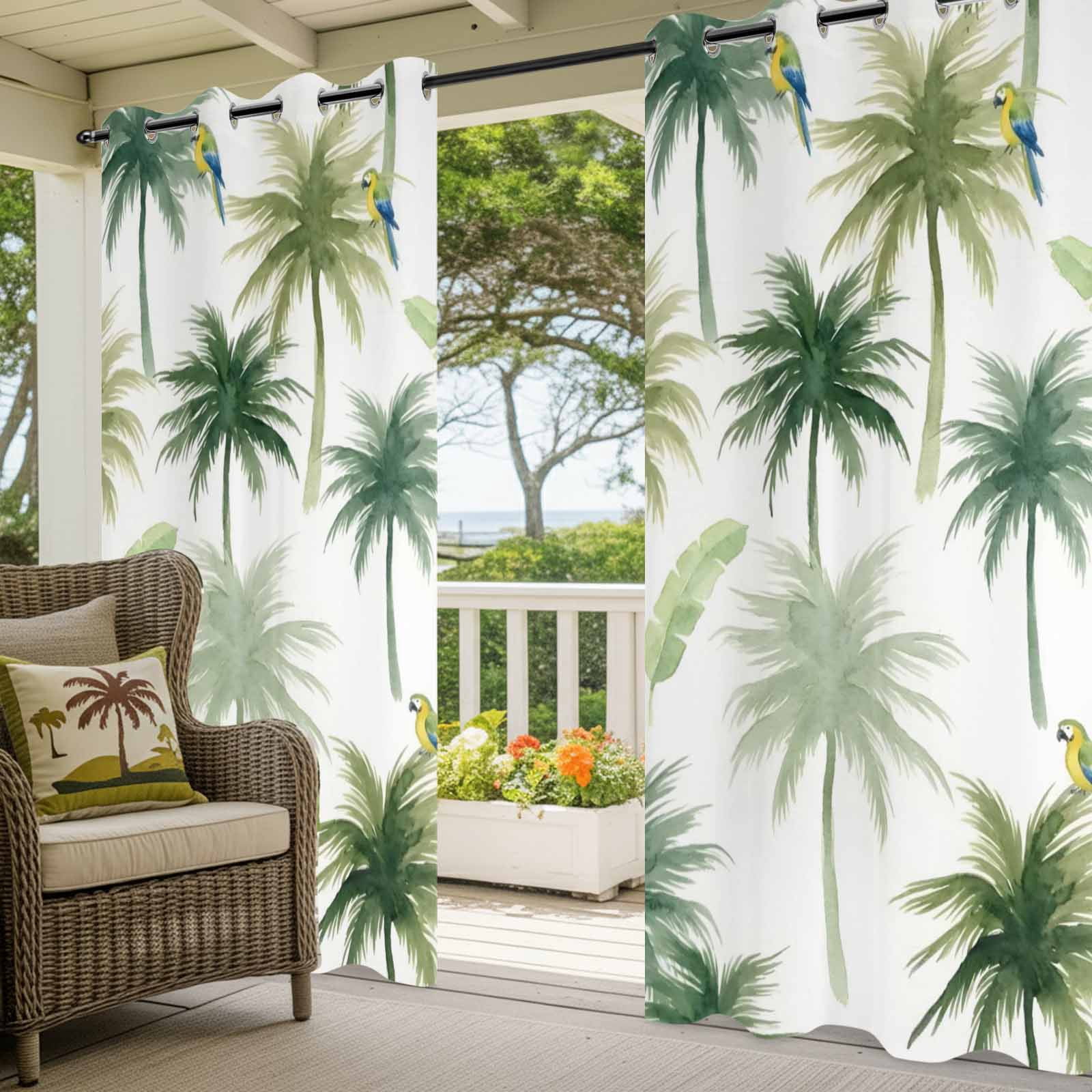Summer Palm Tree Parrot Outdoor Curtains for Patio, Tropical Green Leaf Bird Sunshade Privacy Drapes Grommet Waterproof Outside Curtains for Porch/Cabana/Balcony 54"x 108", 2 Panel