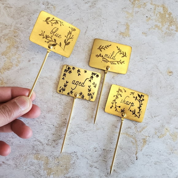 Gold Cheese Markers - Set of 4 Cheese Signs - Metal Cheese Picks - Engraved Charcuterie Labels - Charcuterie Board Marker