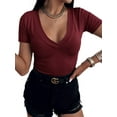 thumbnail image 4 of Summer Fashion Women V-neck Slim Fit T-shirt Cotton Solid Tee Tops, 4 of 5