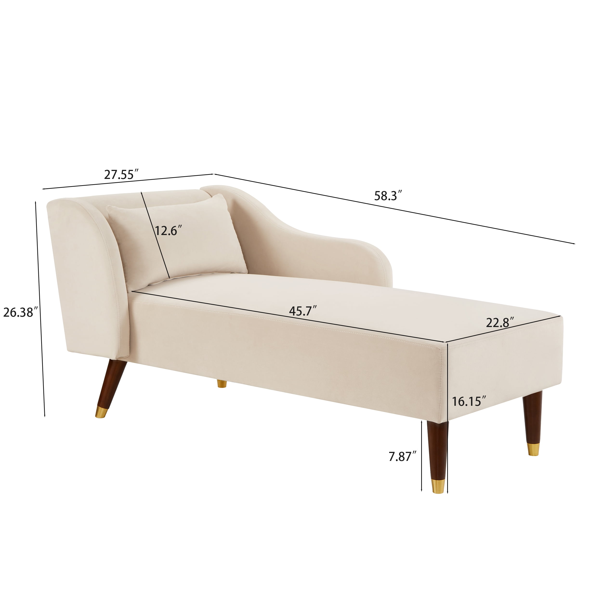 Miniyam Velvet Chaise Lounge, Upholstery Accent Chaise Chair with Pillow for Living Room Bedroom, Left Armrest, Beige